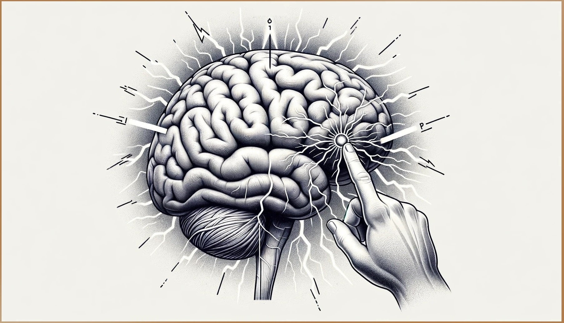 Illustration of a hand pressing a button on the human brain, surrounded by bursts of electricity symbolizing activation.