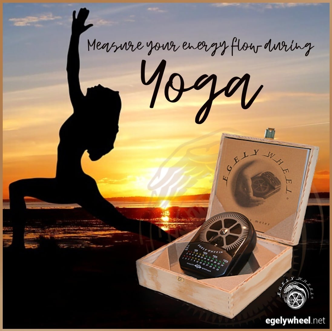 Yoga practitioner in a sunset backdrop measuring energy flow with the Egely Wheel, a bioenergy meter, during a yoga session.