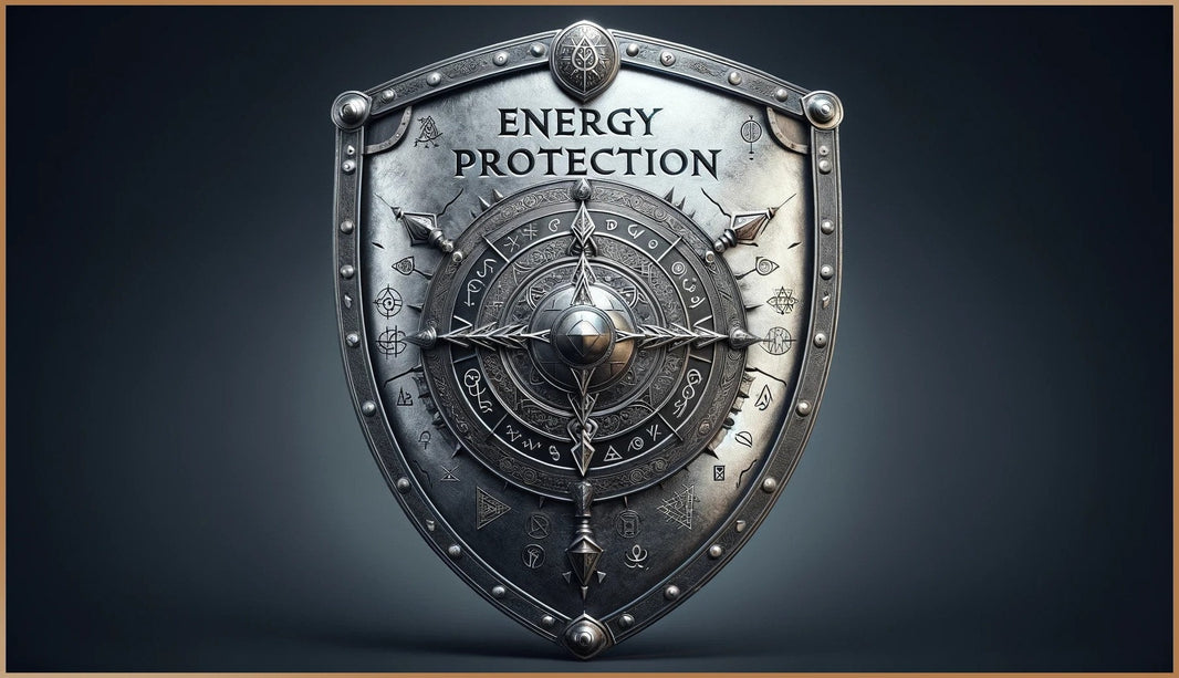 Metal battle shield with "Energy Protection" and spiritual symbols representing mindfulness practices to strengthen and protect your energy field from negativity, showcasing energy shielding techniques and strong energetic boundaries.