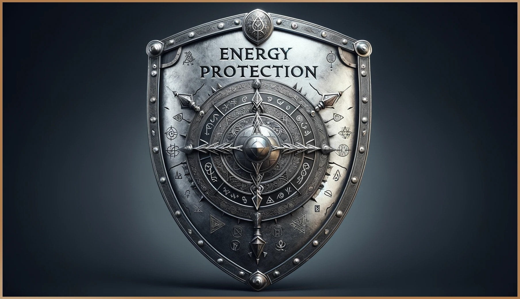Metal battle shield with "Energy Protection" and spiritual symbols representing mindfulness practices to strengthen and protect your energy field from negativity, showcasing energy shielding techniques and strong energetic boundaries.