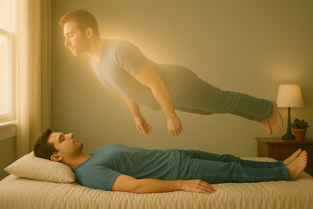 Man lying on a bed with a glowing version of himself hovering above, illustrating an out-of-body experience in a peaceful bedroom setting.