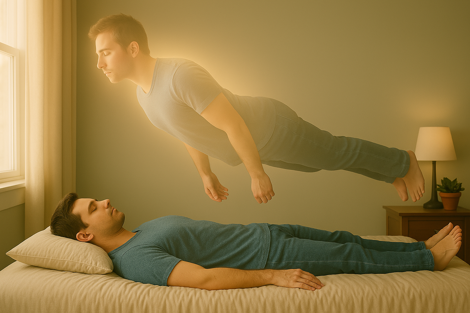 Man lying on a bed with a glowing version of himself hovering above, illustrating an out-of-body experience in a peaceful bedroom setting.
