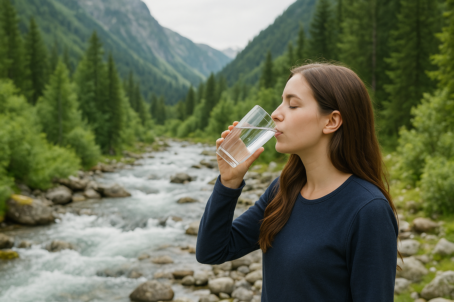 Woman drinking structured water from a glass beside a clear mountain stream, symbolising natural hydration and wellness.