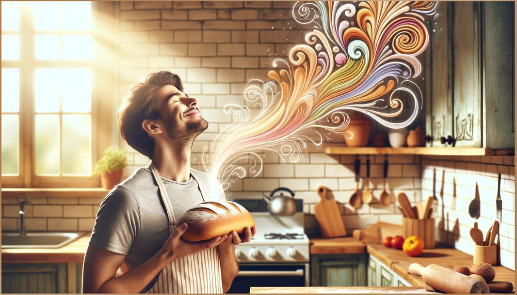 A man in a sunny kitchen, eyes closed with a content smile, as he holds a fresh loaf of bread from which colorful swirls of aroma rise, depicting the sensory delight of slow life.