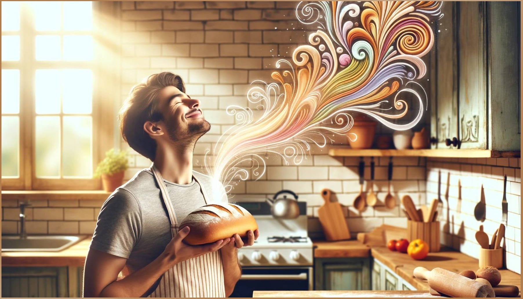 A man in a sunny kitchen, eyes closed with a content smile, as he holds a fresh loaf of bread from which colorful swirls of aroma rise, depicting the sensory delight of slow life.