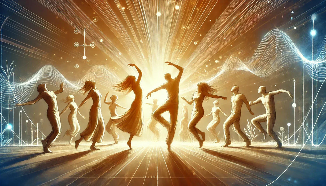 Illustration of individuals joyfully dancing in a warm, illuminated space with energetic rays of light symbolising emotional and spiritual liberation during Ecstatic Dance.