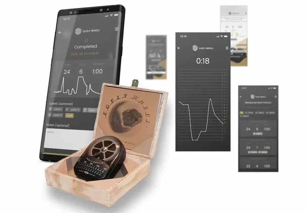 Montage of The Egely Wheel Recorder app on a smartphone, displaying vitality tracking alongside the physical Egely Wheel device in its case.