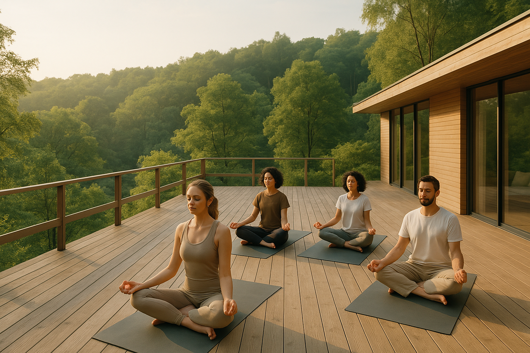 Group meditation at an outdoor wellness retreat, people meditating on a wooden deck with a lush green forest in the background.