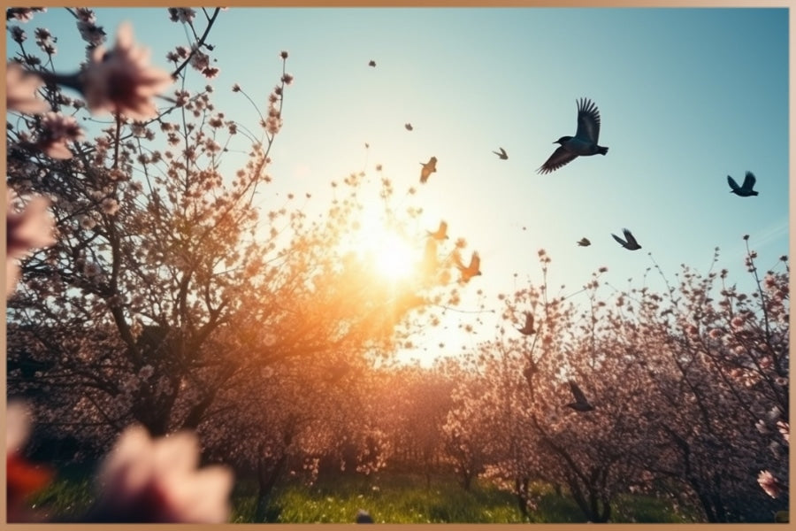 Blooming nature during springtime with birds flying in the sky and sunshine