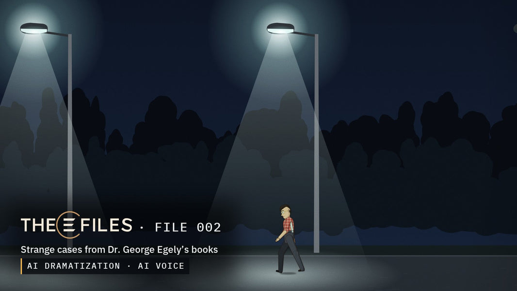 The E Files, FILE 002: a man walking along a forest road at night under the light of a street lamp
