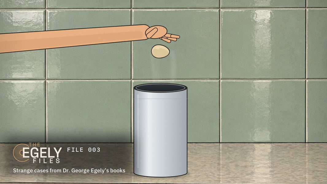 The Egely Files, FILE 003: a hand drops an egg into a steaming metal can on a lab bench
