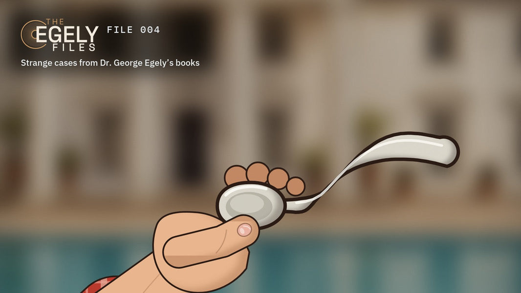 The Egely Files, FILE 004: The Spoon That Kept Bending, a drawn teaspoon bending by a pool
