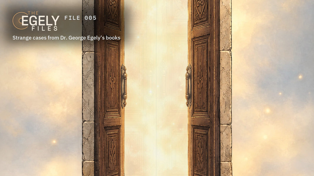 The Egely Files, FILE 005: The Door That Opened Twice, a drawn wooden door opening in a glowing haze