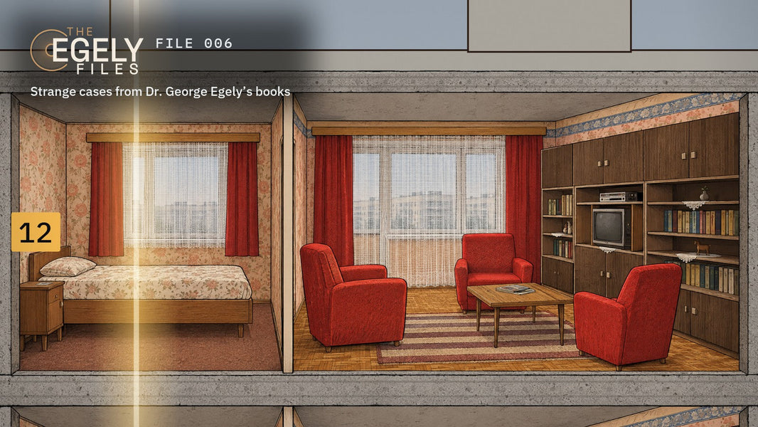 The Egely Files, FILE 006: Just as Strong on the 12th Floor, a drawn 12th-floor flat with a golden zone line through the bed