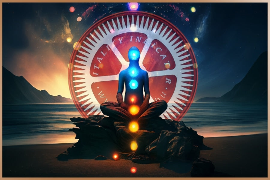 Spiritual meditation with the 7 chakras illustrated, Egely Wheel in the background