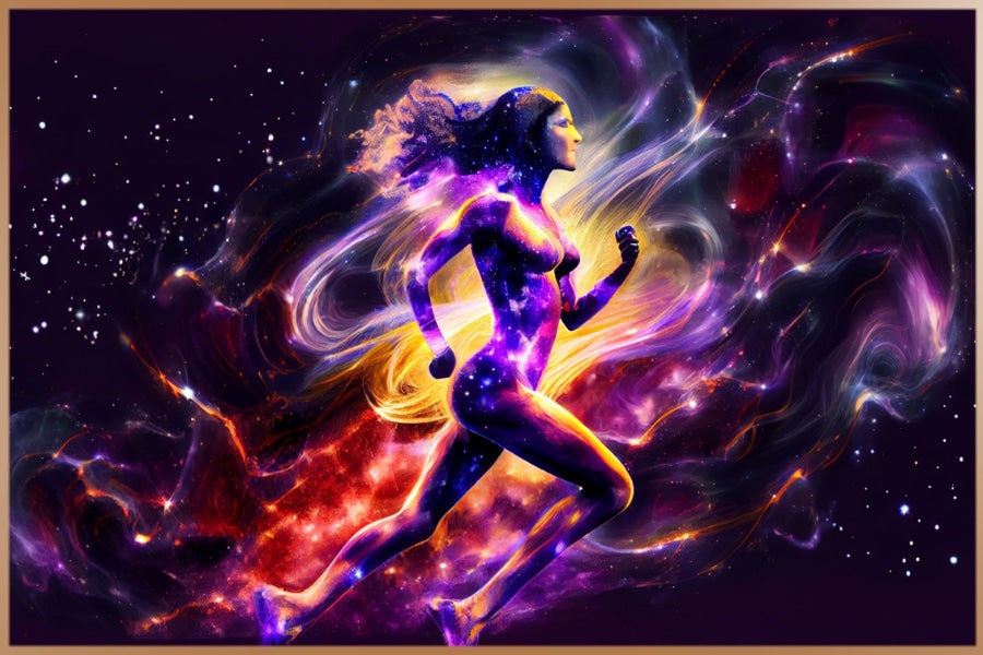 Cosmic sporty girl running as daily exercise spiritual universe in background