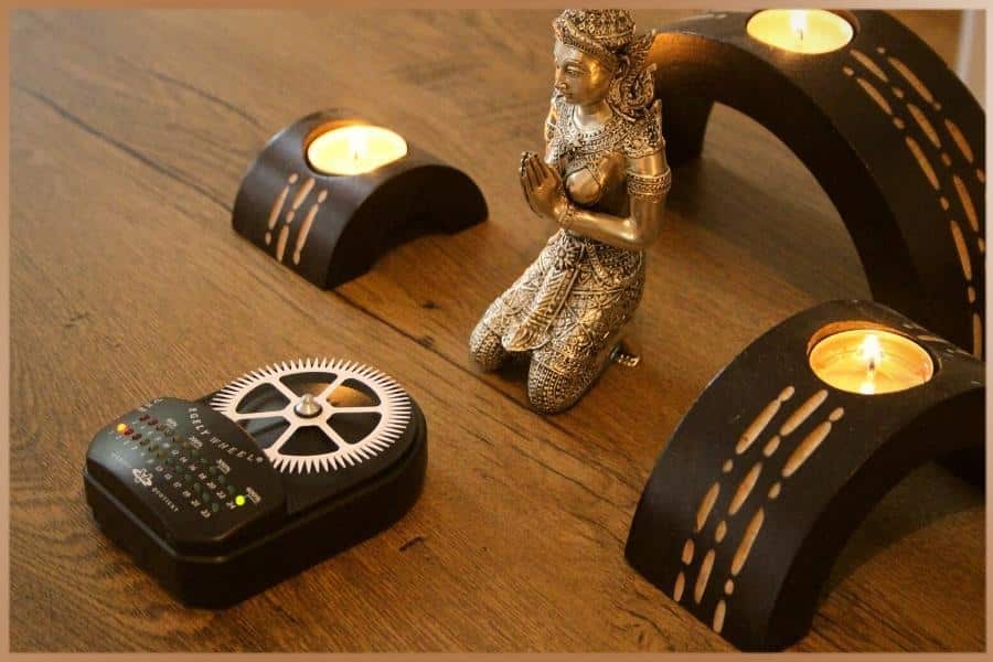 Egely Wheel vitality meter on a spiritual pattern with warm lights